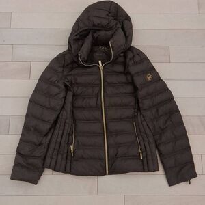 Michael Kors Women's Packable Down Fill Hoodie Puffer Jacket Brown Medium